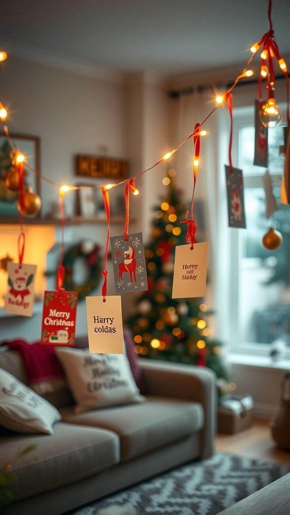 Festive Christmas Card Display with Lights A festive display of Christmas cards lit by fairy lights in a cozy living room.
